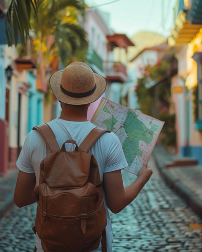 A traveler explores the historic district of Dunmore Town, checking a map on a sunny morning.