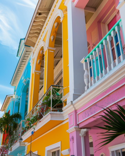 Historic colonial buildings painted in vibrant colors under the midday sun in Dunmore Town.