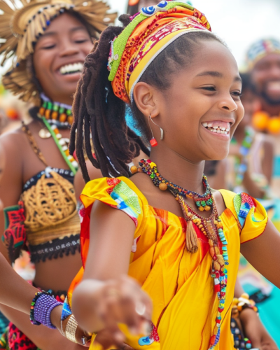 A family dancing at a beach festival in Providenciales.