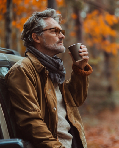 A man having a cup of coffee while on a stopover during a scenic drive near Myrtle Beach.