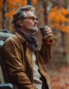 A man having a cup of coffee while on a stopover during a scenic drive near Myrtle Beach.