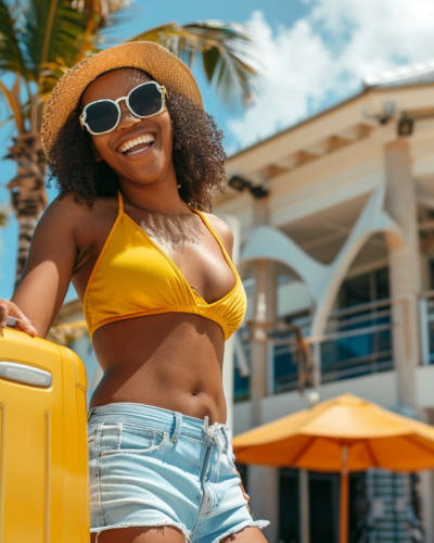A lady traveler at Providenciales International Airport, Turks and Caicos, ready for adventure.