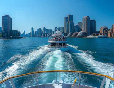 Tourists on a harbor cruise in Boston taking photos of the city skyline and ocean under a clear blue sky.