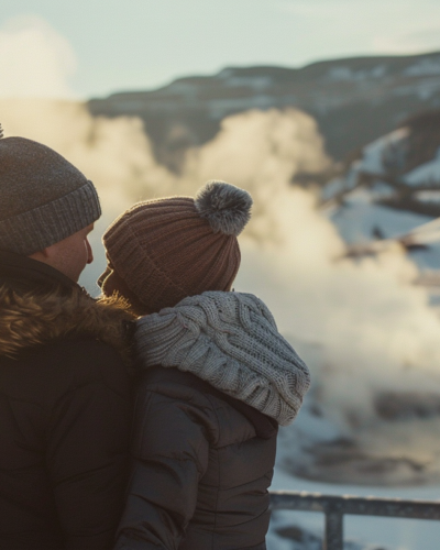 A couple admiring the snowy Mammoth Hot Springs in Yellowstone during winter. 
