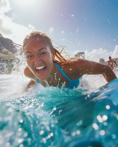 A surfer catching a wave with Diamond Head in the background at Waikiki Beach, Hawaii.
