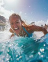 A surfer catching a wave with Diamond Head in the background at Waikiki Beach, Hawaii.