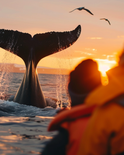 Friends whale watching in Husavik, Iceland, thrilled under the midnight sun.