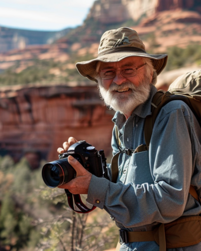 A hiker capturing sceneries and memories at Devil's Bridge in Sedona, Arizona.